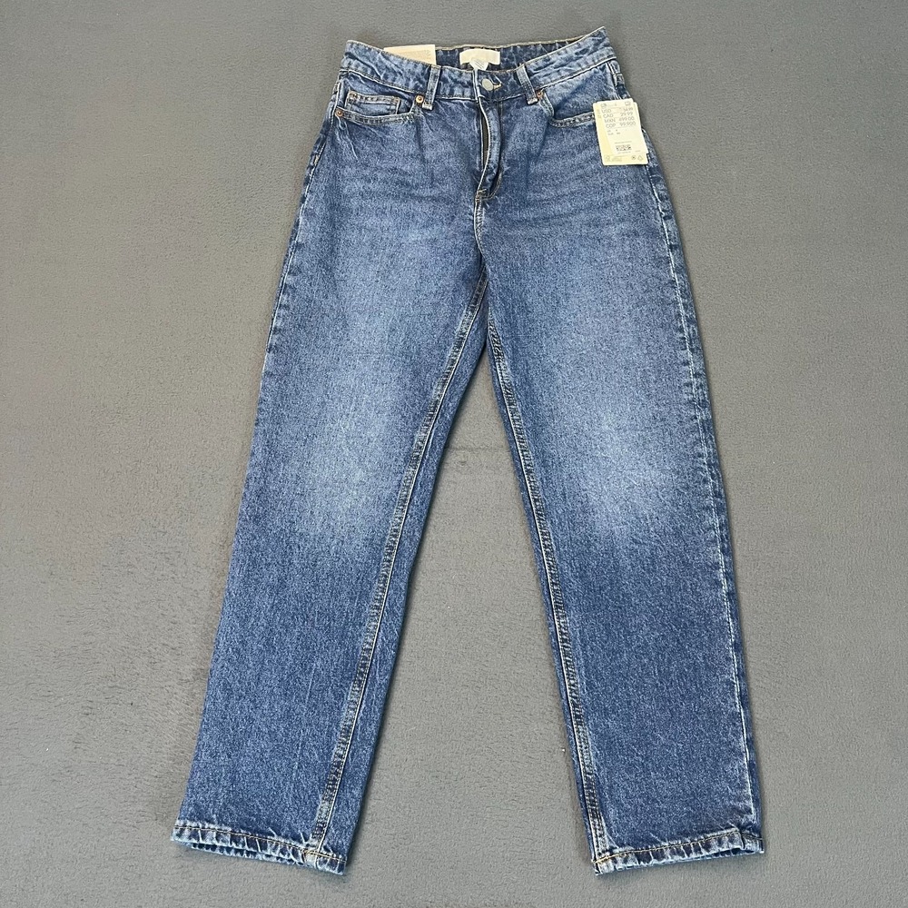H&M Women's Ankle Crop Straight-Leg Jeans in Medium Blue Wash